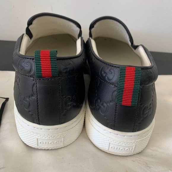 *GUCCI BLACK LEATHER EMBOSSED LOGO SLIP ON SNEAKERS SZ 8.5 MADE IN ITALY #407364 - Picture 5 of 16